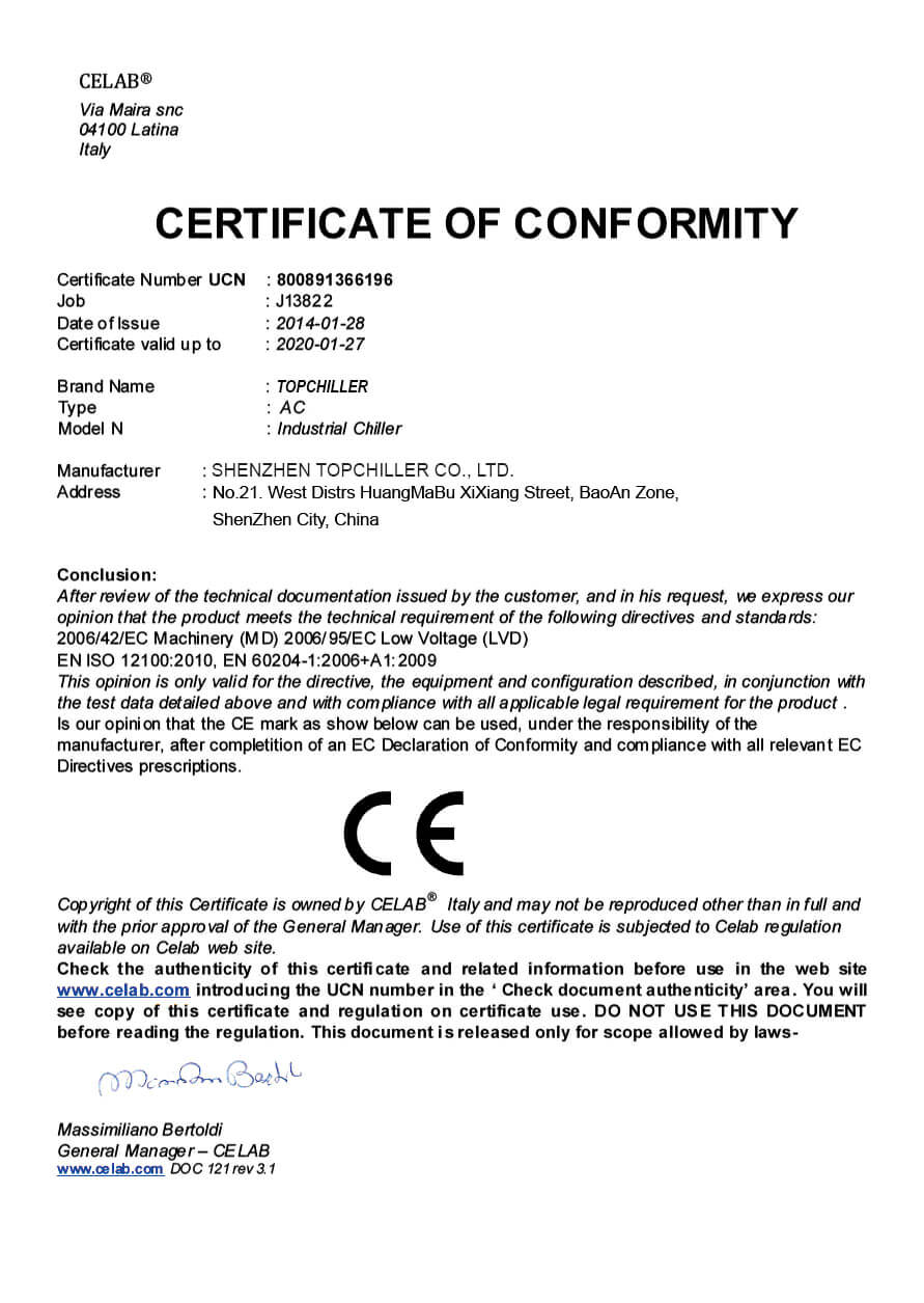 CE Certification for Industrial Chiller